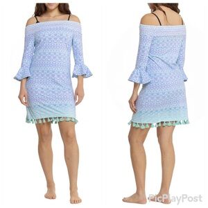 CABANA LIFE Smocked Off-the-Shoulder Swim Cover-Up Dress with Statement Sleeves